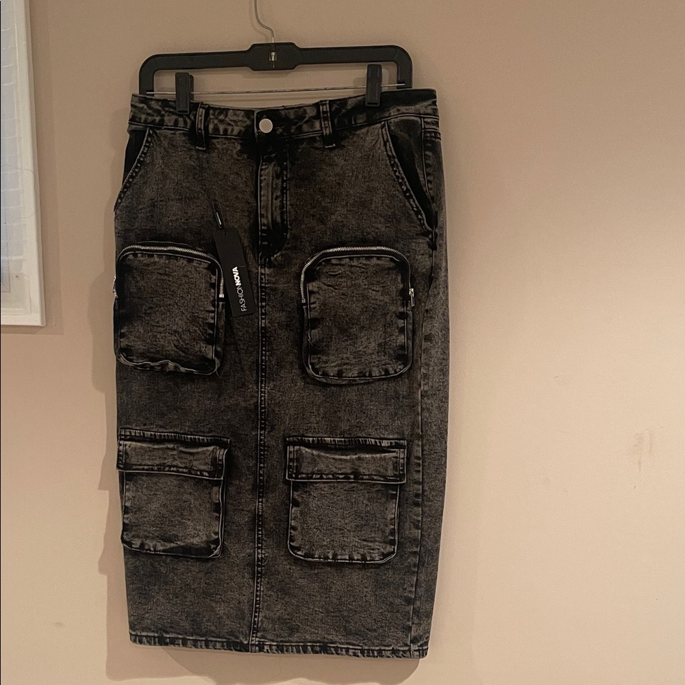 Fashion Nova Charcoal Cargo Denim Skirt